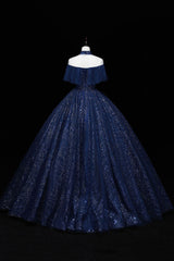 Blue Tulle Sequins Long Ball Gown, Elegant A-Line Formal Gown