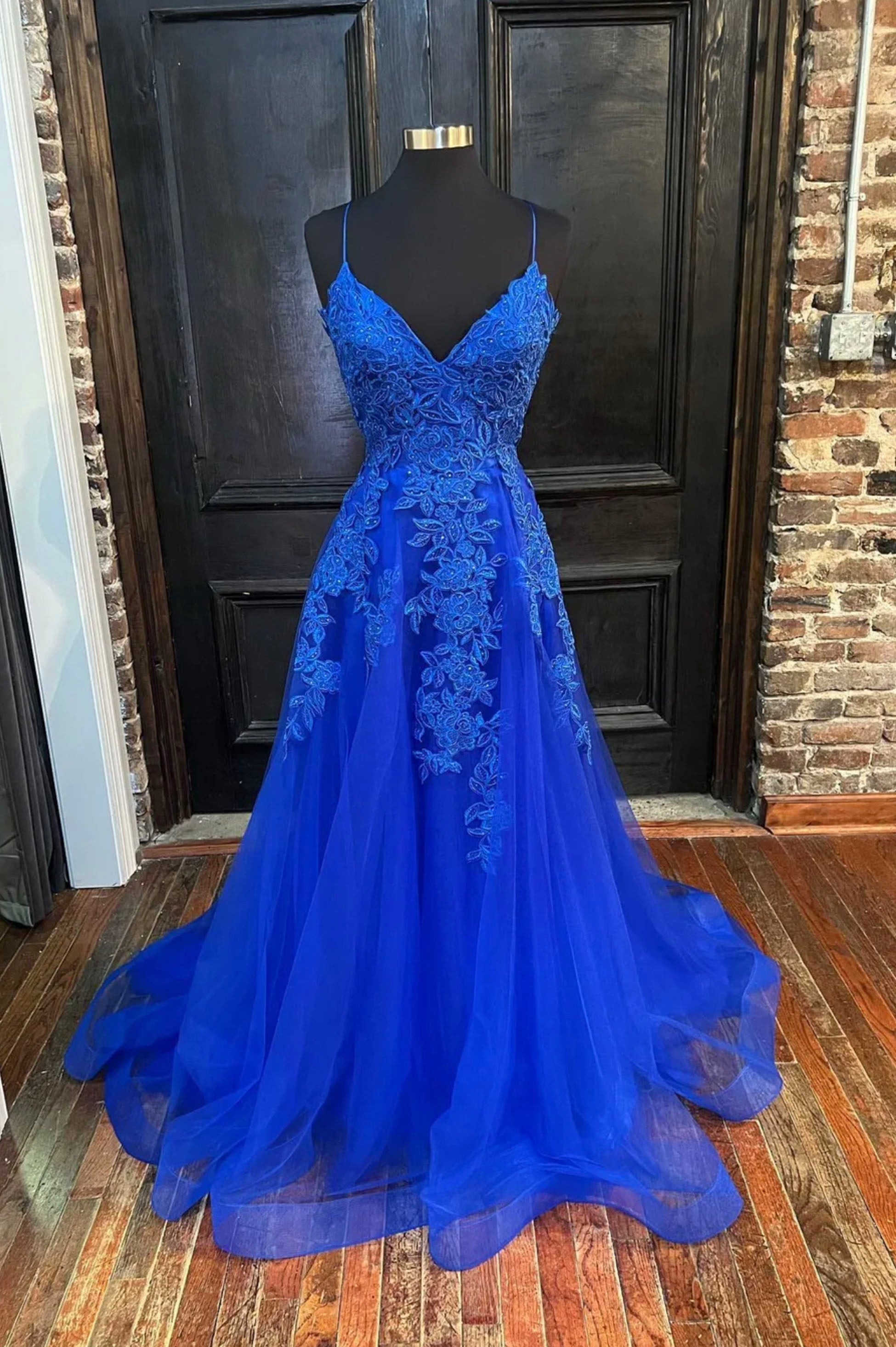Blue Tulle Lace Long Prom Dress, V-Neck Formal Evening Dress