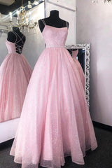 Cute Tulle Sequins Long Prom Dresses, A-Line Backless Evening Dresses
