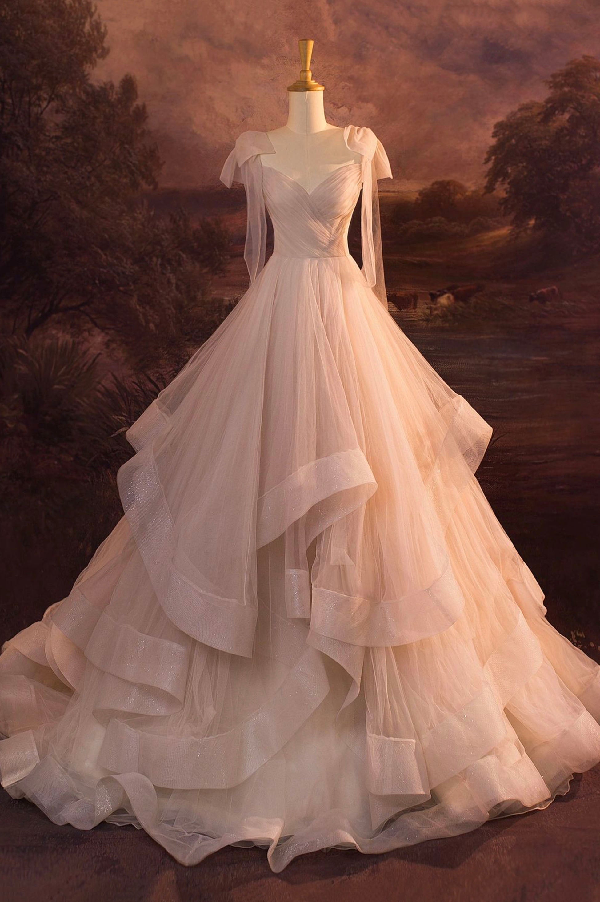 V-Neck Tulle Long Ball Gown, A-Line Formal Evening Gown