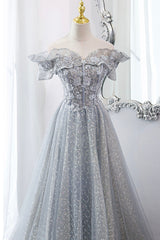 Gray Tulle Lace Long Prom Dresses, A-Line Sequins Evening Dresses