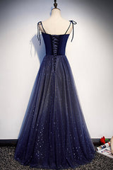 Blue Velvet Tulle Long Prom Dresses, Lovely A-Line Graduation Dresses