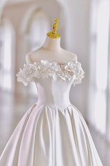 White Satin Long Ball Gown, A-Line Flower Wedding Gown with Bow