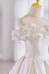 White Satin Long Ball Gown, A-Line Flower Wedding Gown with Bow