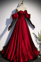 Burgundy Satin Tulle Long Prom Dress, A-Line Sweetheart Neck Evening Dress