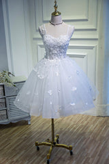 White Lace Short Prom Dress, White Mini Evening Party Dress
