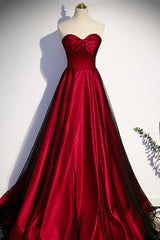 Burgundy Satin Tulle Long Prom Dress, A-Line Sweetheart Neck Evening Dress