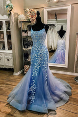 Blue Tulle Lace Long Mermaid Formal Dresses, Blue Evening Dresses
