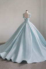 Blue Satin Long A-Line Ball Gown, Blue Evening Gown with Train