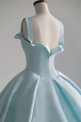 Blue Satin Long A-Line Ball Gown, Blue Evening Gown with Train