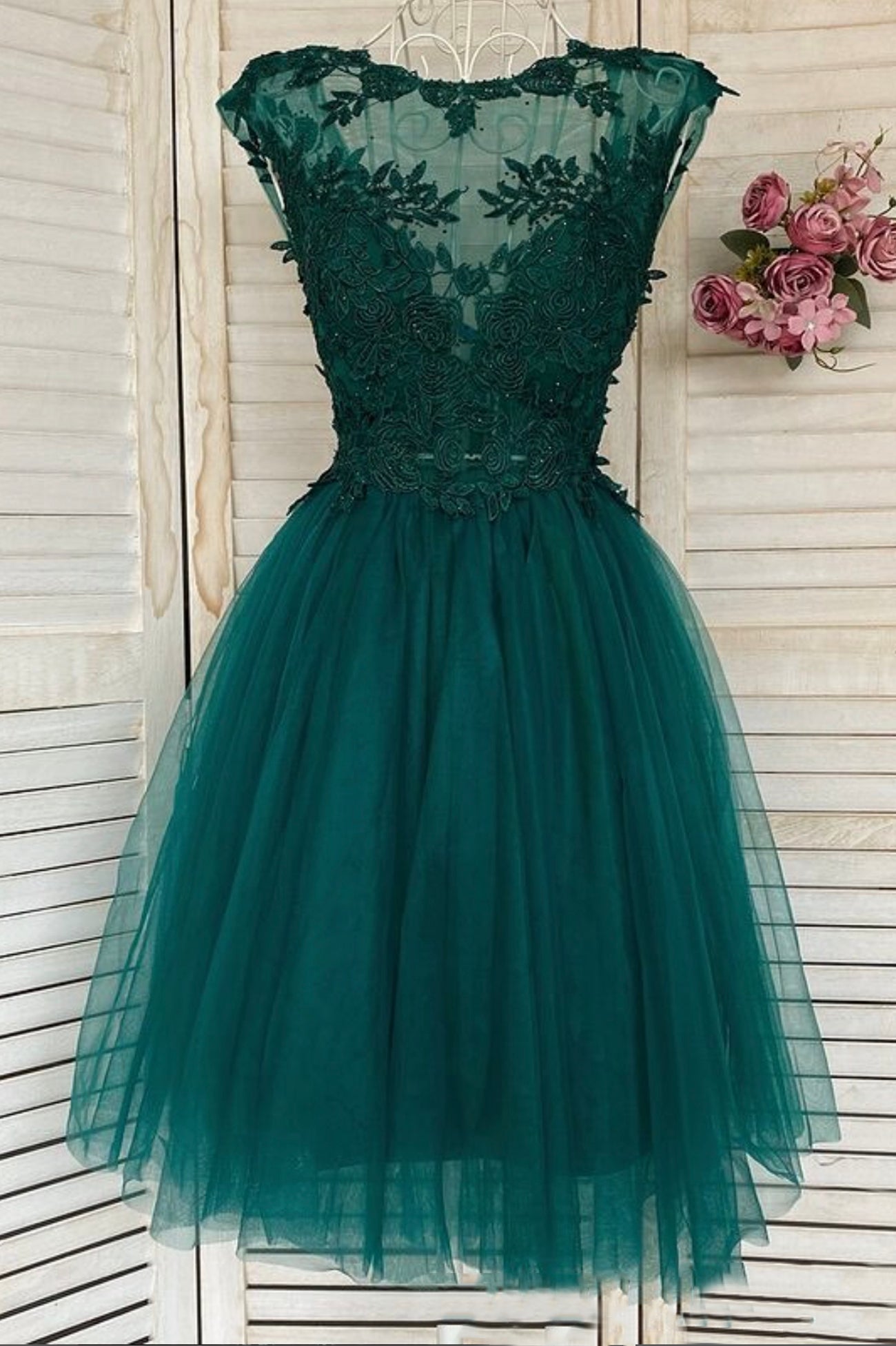 Green Lace Short Prom Dress, A-Line Homecoming Dress
