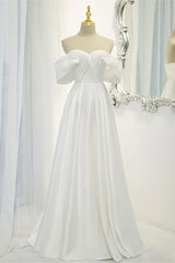 White Satin Long Prom Dress, Off the Shoulder Evening Dress