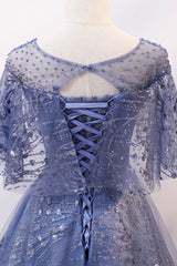 Blue Tulle Sequins Long Prom Dress, A-Line Blue Evening Dress