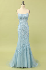 Mermaid Blue Long Prom -jurk Backless Evening Jurk