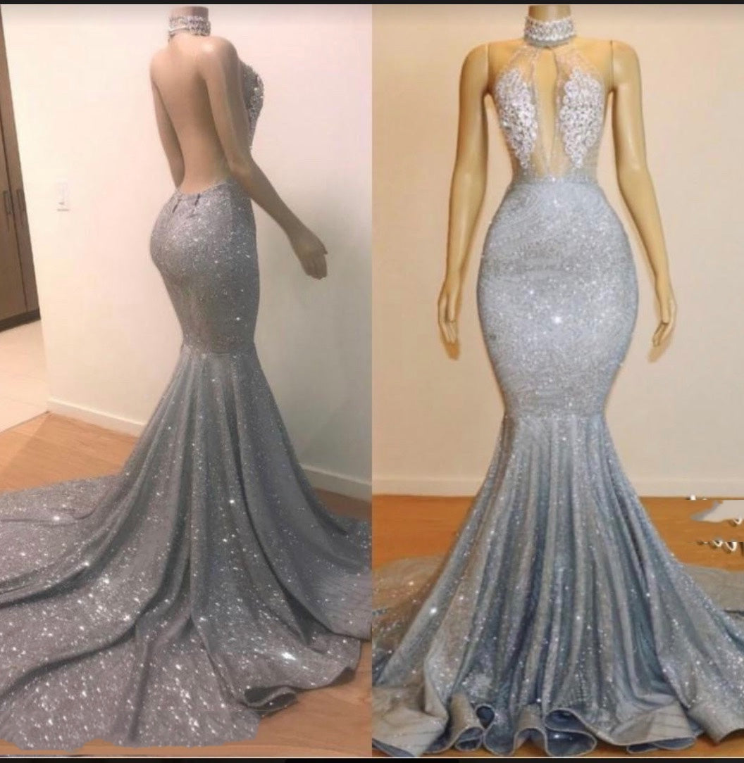 2024 High Neck Silver Backless Sexy Mermaid Prom Dresses