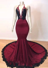 Sexy Mermaid V Neck Backless Burgundy And Black Long Prom Dress 2024