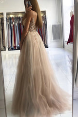 A Line V Neck Beads Sleeveless Tulle Long Prom Dress With Slit Sexy Evening Dress