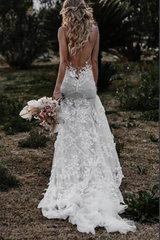 Tulle Lace Mermaid Backless Deep V Neck Wedding Dresses Bridal Gown