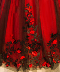 Burgundy Round Neck Tulle Lace Applique Long Prom Dress, Burgundy Evening Dress