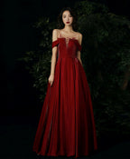 Burgundy Round Neck Beads Long Prom Dress, Burgundy Evening Dress