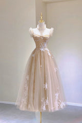Champagne Lace Tea Length Prom Dresses, A-Line Evening Dresses