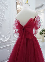 Wine Red Tulle V-Neckline Off Shoulder With Bow, Wine Red Tulle Long Prom Dress