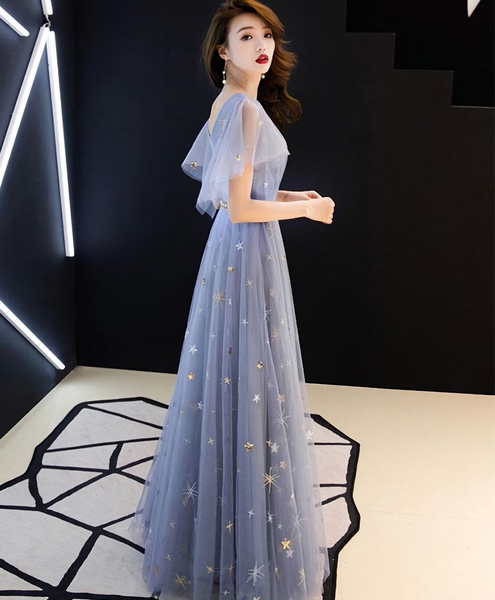 Blue Tulle Long Prom Dress, Blue Tulle Bridesmaid Dress