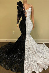 Hot Half Black Half White One shoulder Long Sleeves Mermaid Prom Dresses