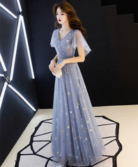 Blue Tulle Long Prom Dress, Blue Tulle Bridesmaid Dress