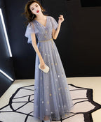 Blue Tulle Long Prom Dress, Blue Tulle Bridesmaid Dress