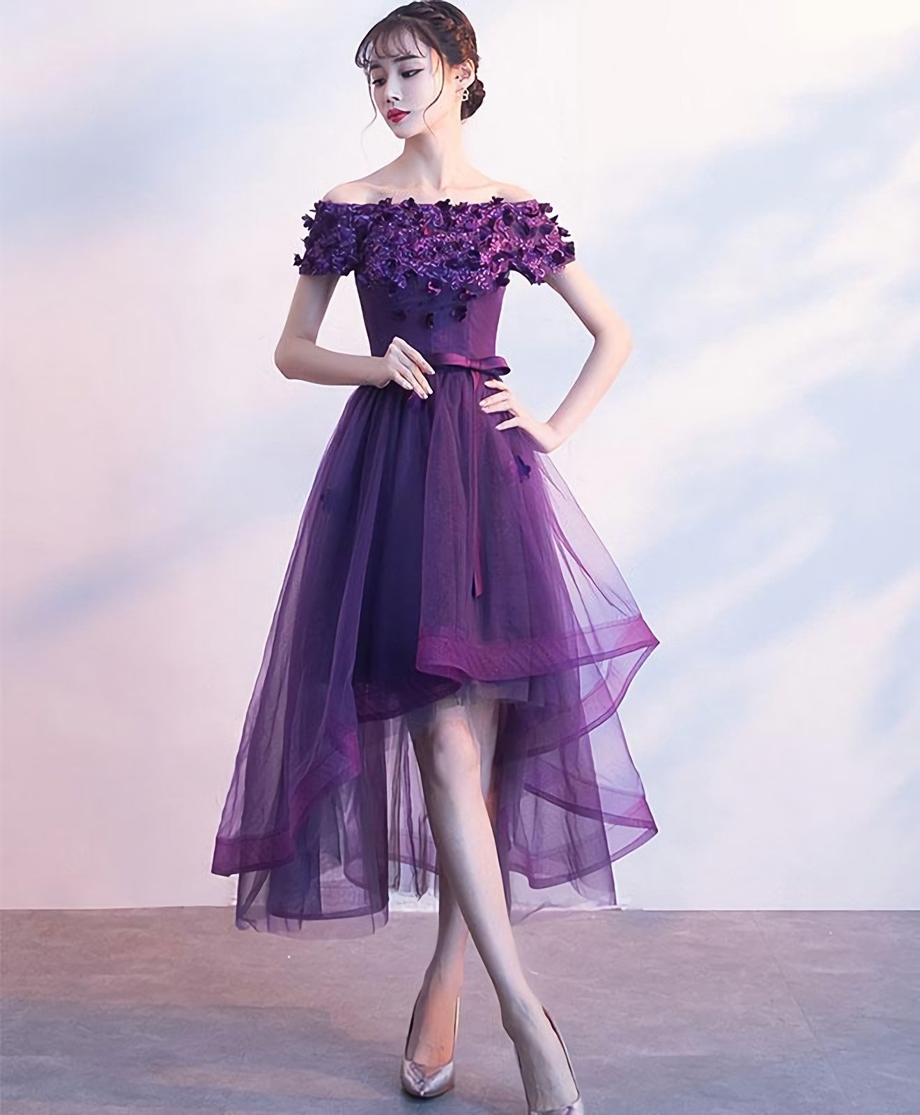 Purpler Tulle Lace Short Prom Dress, Purple Evening Dress