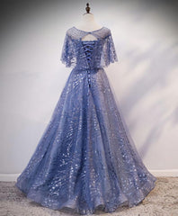 Unique Round Neck Tulle Lace Long Prom Dress, Blue Lace Evening Dress