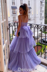 Purple A Line Tulle Layered Evening Formal Dresses Long Prom Dresses