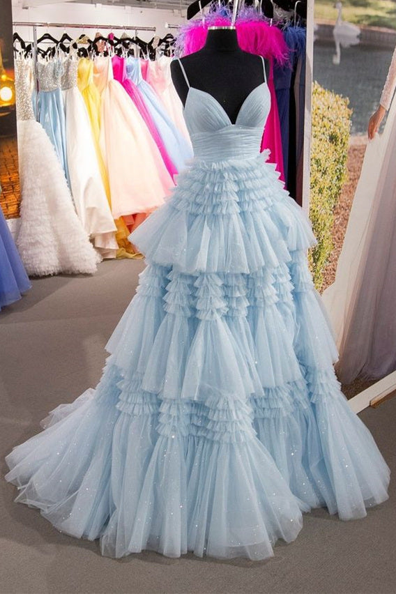 Elegant Light Blue Side Slit Tulle Long Prom Dress