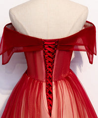Burgundy Off Shoulder Tulle Long Prom Dress, Burgundy Formal Dress, 1
