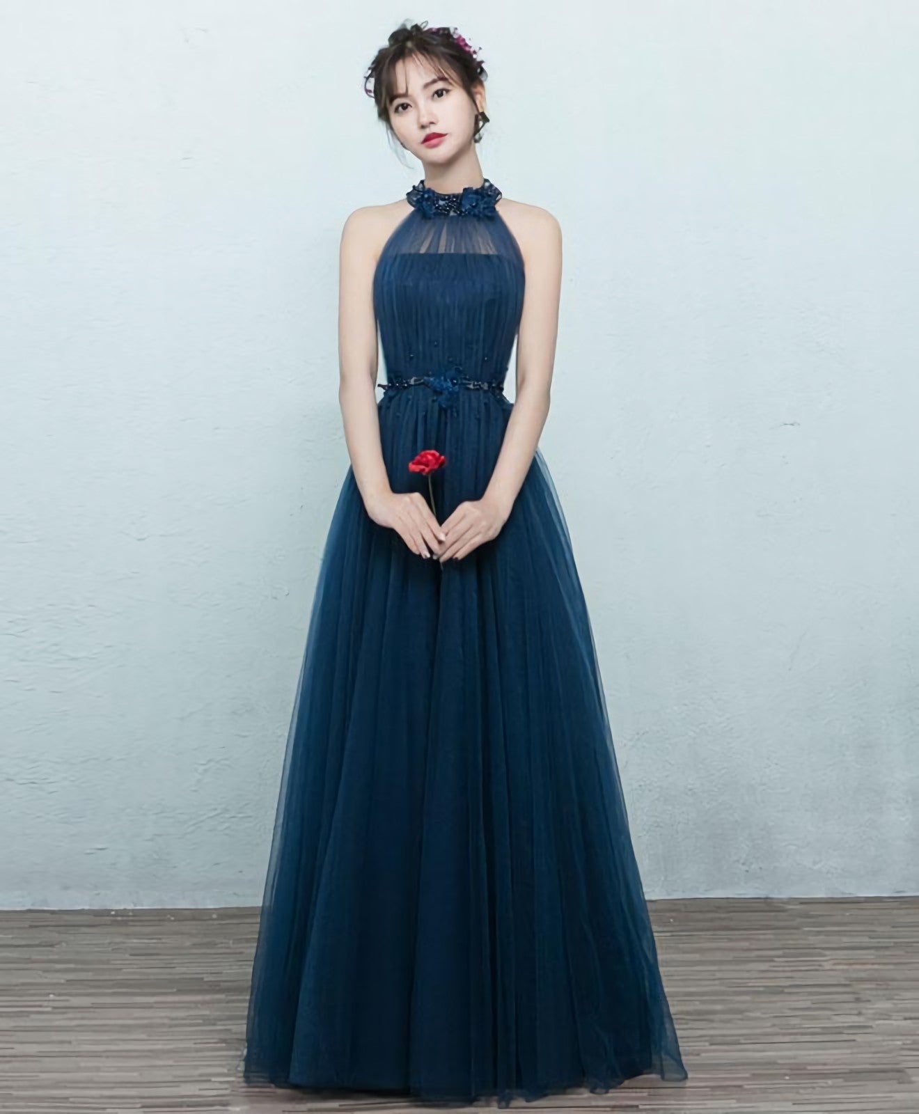 Simple Blue Tulle Long Prom Dress, Blue Tulle Bridesmaid Dress