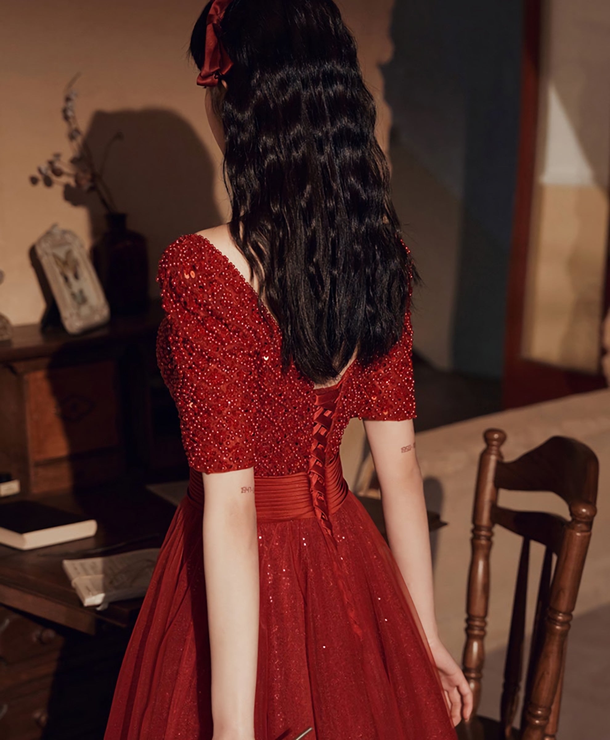 Burgundy Tulle Beds Long Prom Dress, Burgundy Tulle Formal Dress