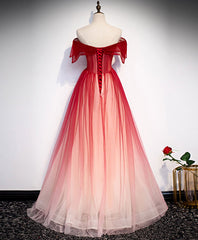 Burgundy Off Shoulder Tulle Long Prom Dress, Burgundy Formal Dress, 1