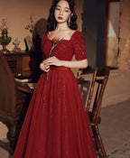 Burgundy Tulle Beds Long Prom Dress, Burgundy Tulle Formal Dress