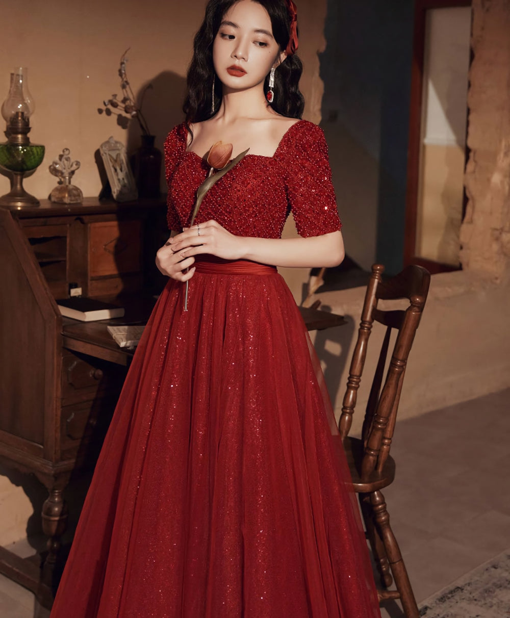 Burgundy Tulle Beds Long Prom Dress, Burgundy Tulle Formal Dress