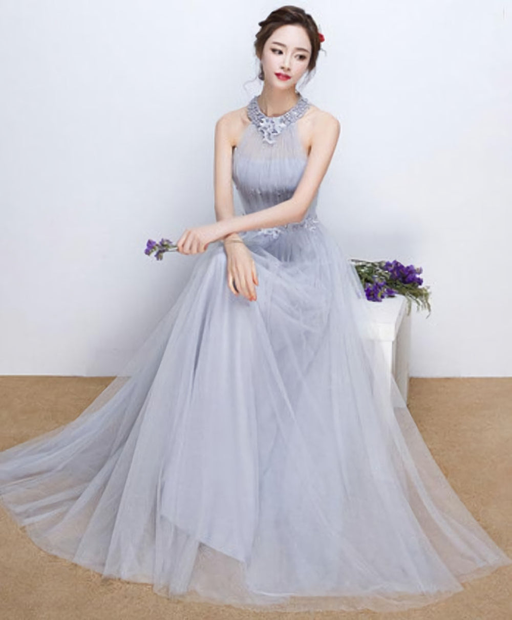 Simple Blue Tulle Long Prom Dress, Blue Tulle Bridesmaid Dress