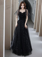 Black Tulle Off Shoulder Tulle Long Prom Dress, Black Evening Dress