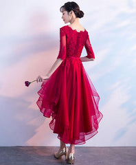 Burgundy V Neck Tulle Lace Short Prom Dress, Bridesmaid Dress