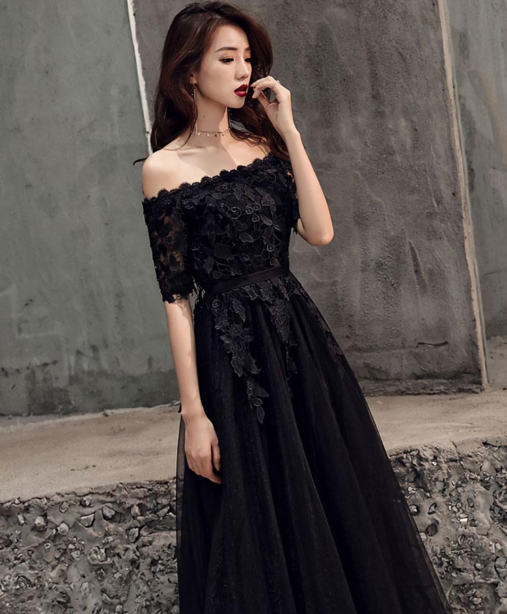 Black Tulle Lace Long Prom Dress, Black Tulle Evening Dress, 1