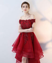 Burgundy Tulle Lace Off Shoulder Prom Dress, Tulle Homecoming Dress
