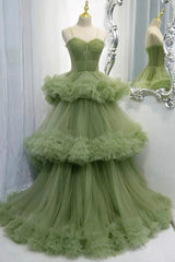 Princess Spaghetti Straps Green Tulle Long  Dress A line Tiered Formal Dress