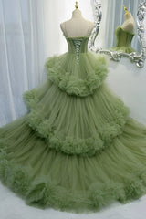 राजकुमारी स्पेगेटी पट्टियाँ हरी ट्यूल लंबी पोशाक एक लाइन टियर औपचारिक पोशाक