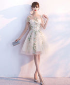 Champagne Tulle Lace Applique Short Prom Dress, Homecoming Dress