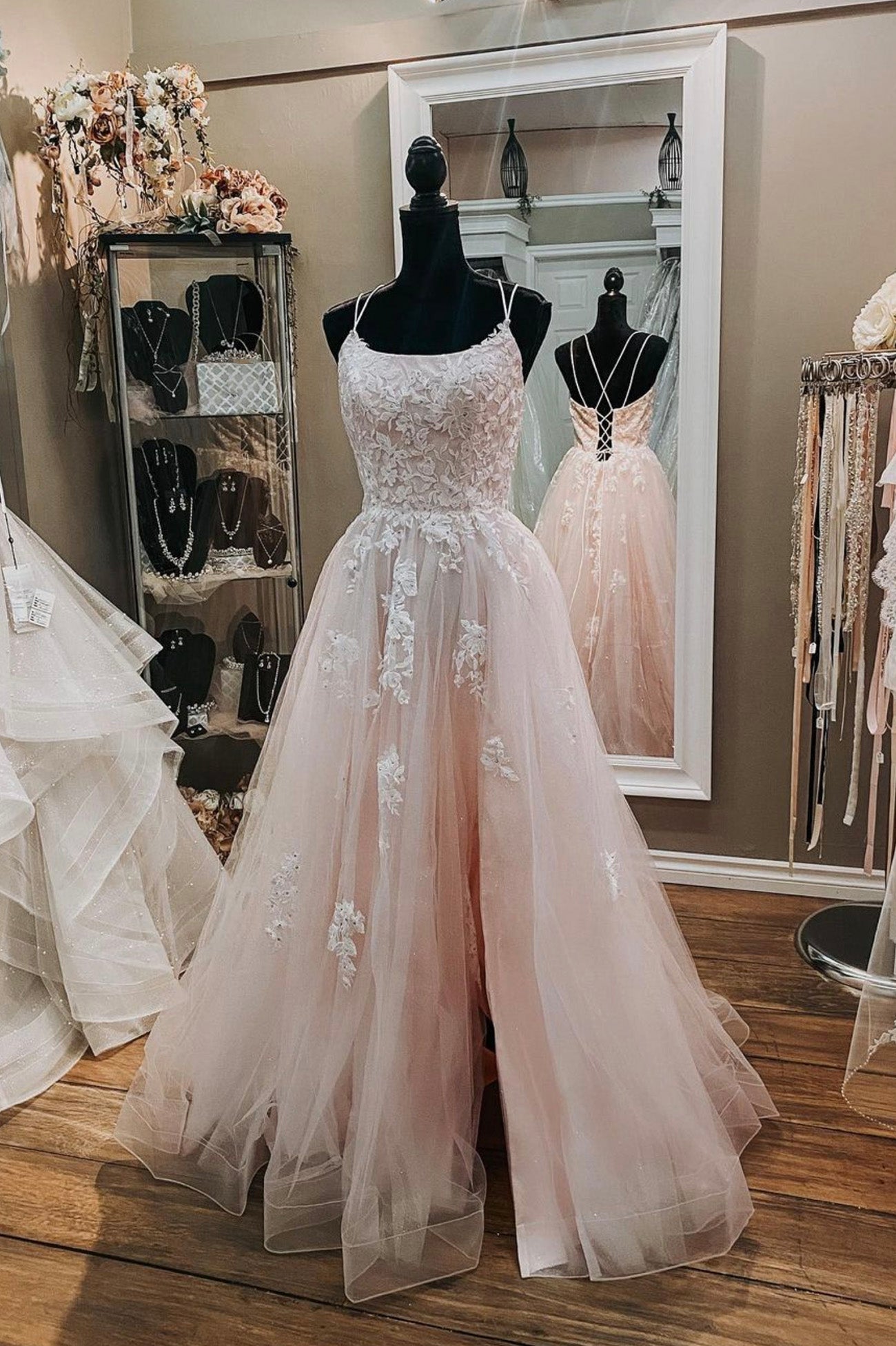 Pink Tulle Lace Long Formal Dresses, A-Line Evening Party Dresses