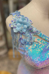 Light Blue Sequin One-Shoulder Flowers Short Party Dress